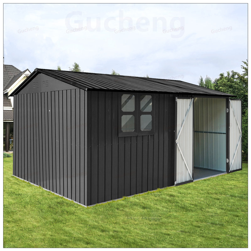 Remise de jardin en métal durable avec fenêtre, tablettes et table de travail pliable pour un rangement extérieur efficace