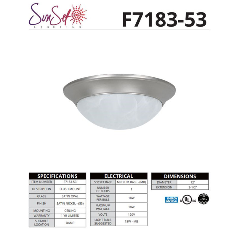 Nickel satiné 1 lumière fluorescent 18W Sunset Lighting