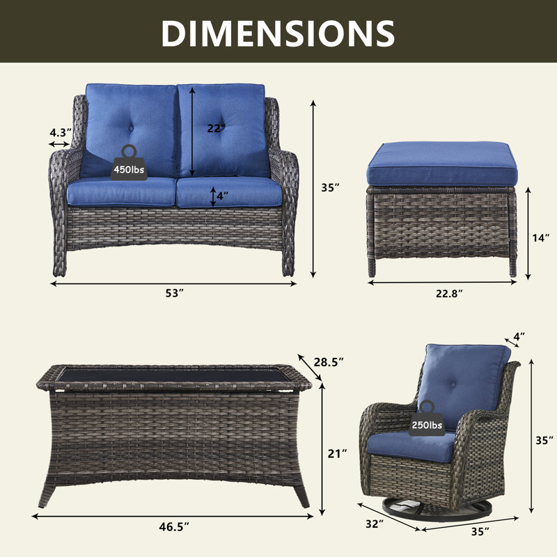 Ensemble de conversation pour 4 personnes avec coussins, Structure grise / coussin bleu