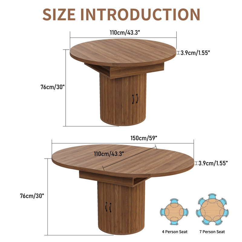 Extendable Round Dinning Table For 4-6-8, Dinning Room Kitchen Table With Storage, 43''-59'' Oval Circle Dinner Table With Wood Silde Door For Kitchen, Dining Room, Apartment