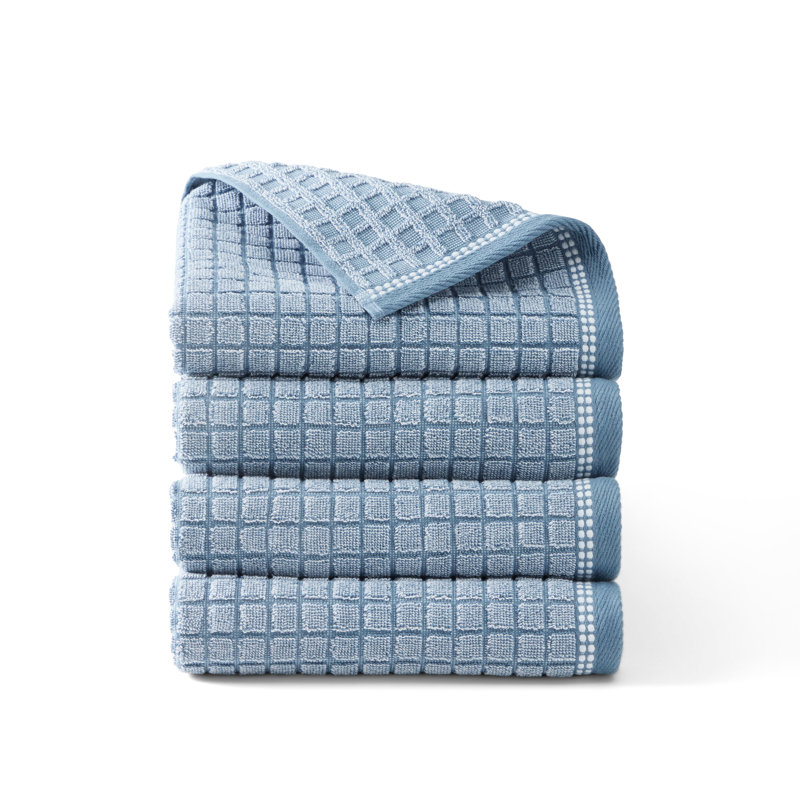 TOWN & COUNTRY EVERYDAY 4-Piece Textured Windowpane Hand Towel Set, 20x30-Inch, 100% Cotton, Blue