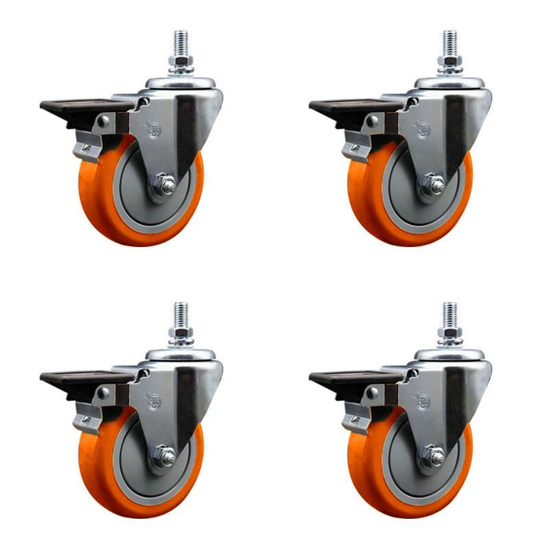 Ensemble de roulettes à tige filetée en polyuréthane de 4 po ½ po avec frein, Orange