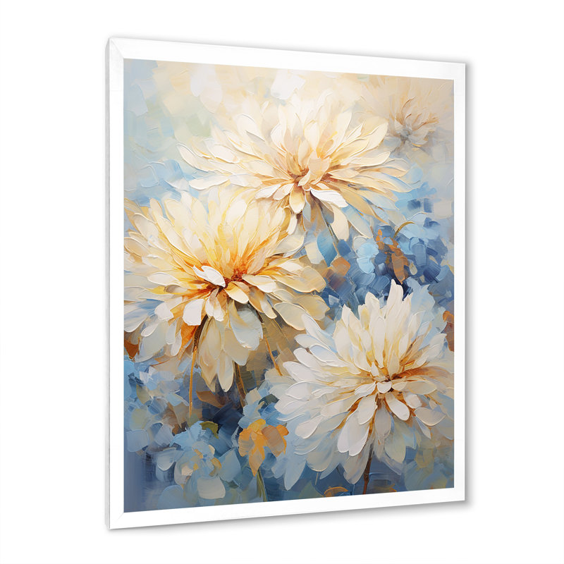 «Simplicity Mums Bloom» en beige et bleu estompé sur toile, Cadre simple blanc, H 44 po x l 34 po x P 1,5 po