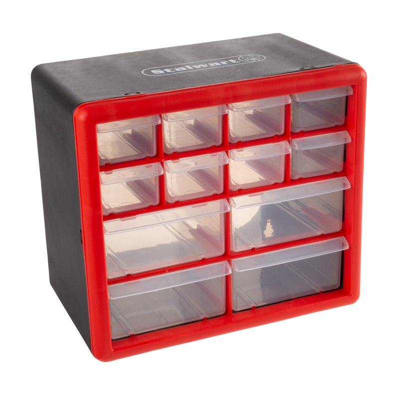 12 Drawer Storage Cabinet- Plastic Organizer with 4 Large & 8 Small Compartments- Desktop or Wall Mount for Hardware, Parts, Crafts & More by Stalwart