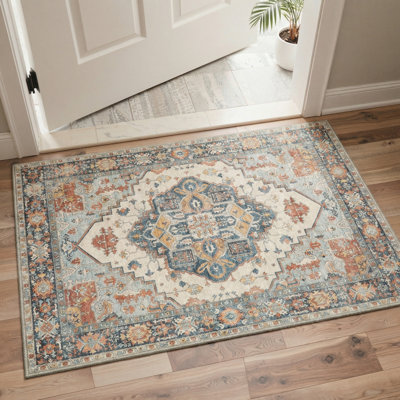 Adler Heritage Medallion Persian-Inspired Machine Washable 3' x 5' Doormat with Non-Slip Backing