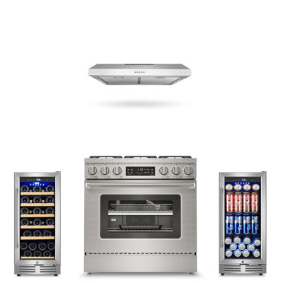 4-Piece Kitchen Appliance Package with 36" 6.1 cu. ft. Slide-In Gas Range, 30" Ducted/Ductless Under Cabinet Range Hood, 15" 30 Bottles Single Zone Wine Refrigerator and 15" 130 Cans Beverage Refrigerator, Stainless Steel