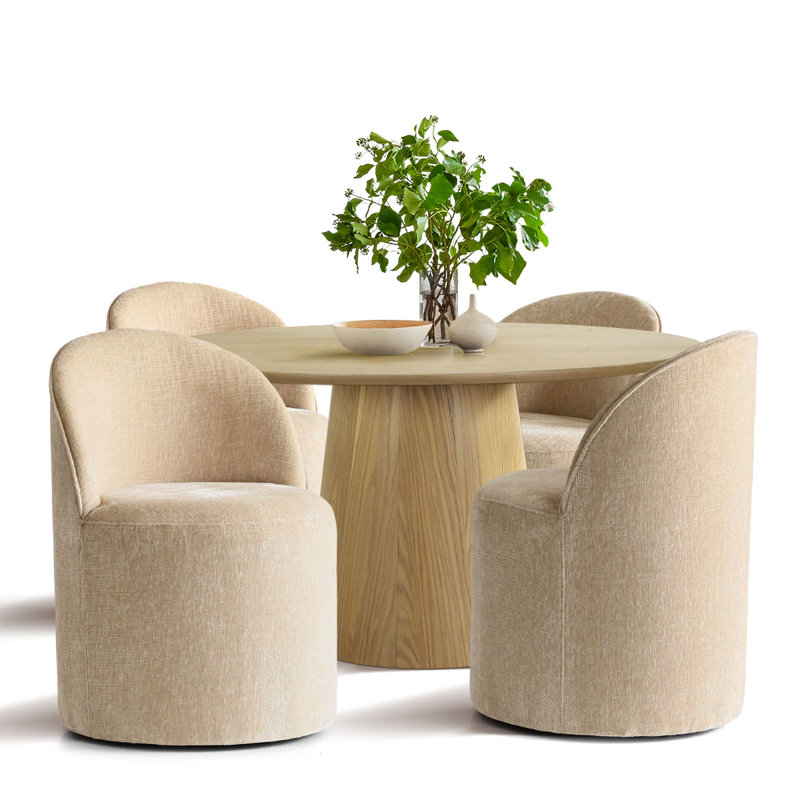 4 - Person Dining Table Sets With 52'' Solid Round Table & 4 Upholstered Chenille Swivel Chairs, Oatmeal, Yellow