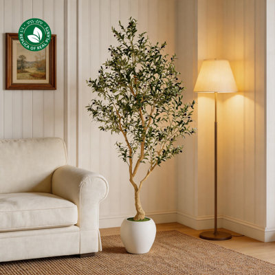8,2 pi d'olivier artificiel, plante de plancher artificielle avec pot décoratif blanc et mousse, grand faux arbre de patio couvert d'intérieur pour la décoration de vestibule de salon