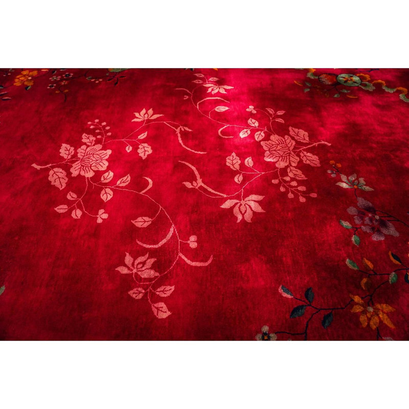 1920s Antique Fuschia Asymmetrical Floral Handknotted Wool Chinese Art Deco Rug