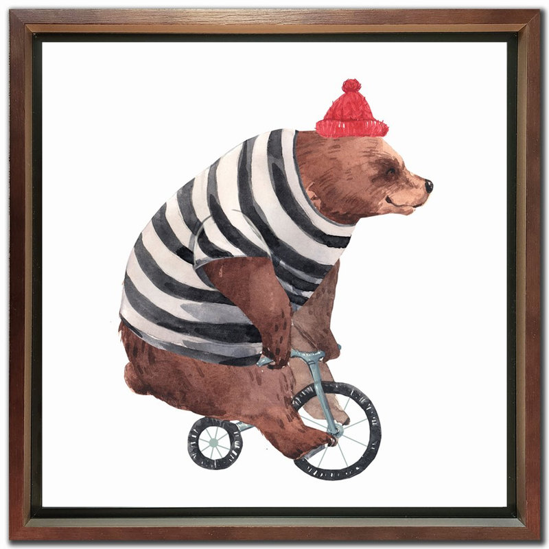 Ours sur un vélo, art mural, Cadre d'angle fermé brun, H 17 po x l 17 po