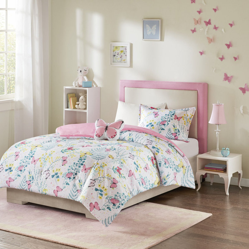 Twin Pink Microfiber Butterfly Comforter Set with Decorative Pillow