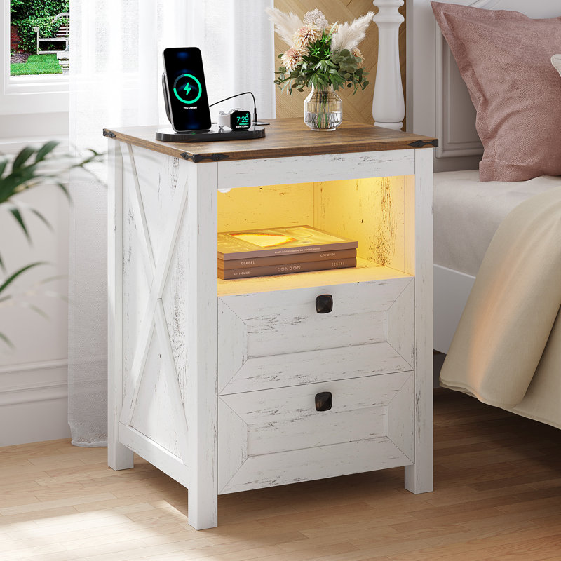 Table de chevet à DEL avec prise et port USB, Blanc antique / brun