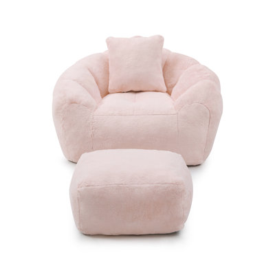 Giant Faux Fur Bean Bag Chair with Footstool - Oversized Shell-Shaped Bean Bag for Adults & Kids, Gaming Reading Floor Sofa for Living Room