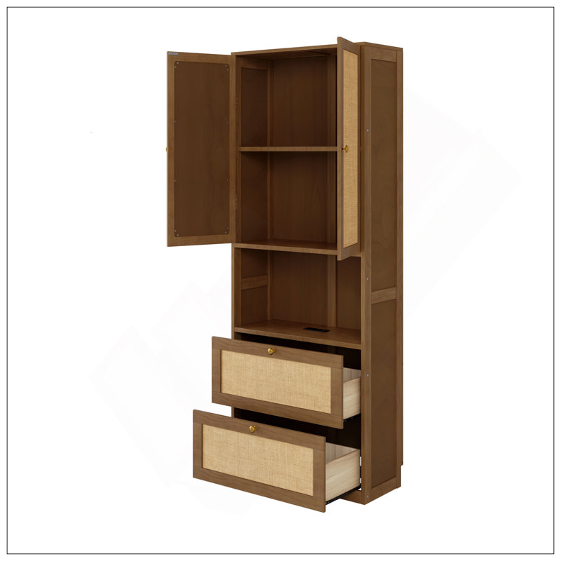 Bibliothèque 2 portes avec port USB et 2 tiroirs avec tablettes latérales, Noyer