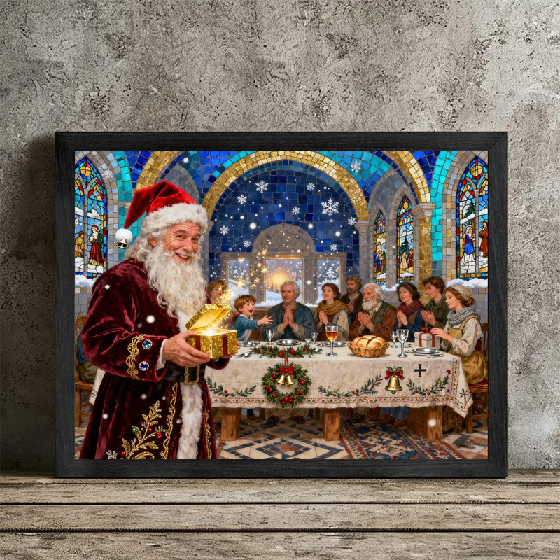 Art mural noir encadré rétro du Père Noël - impressions de décorations de scène religieuse de Noël, H 11 po x l 9 po