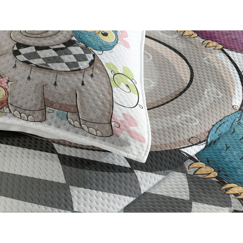Kids Unisex White Quilted Bedspread Set with Owl Design