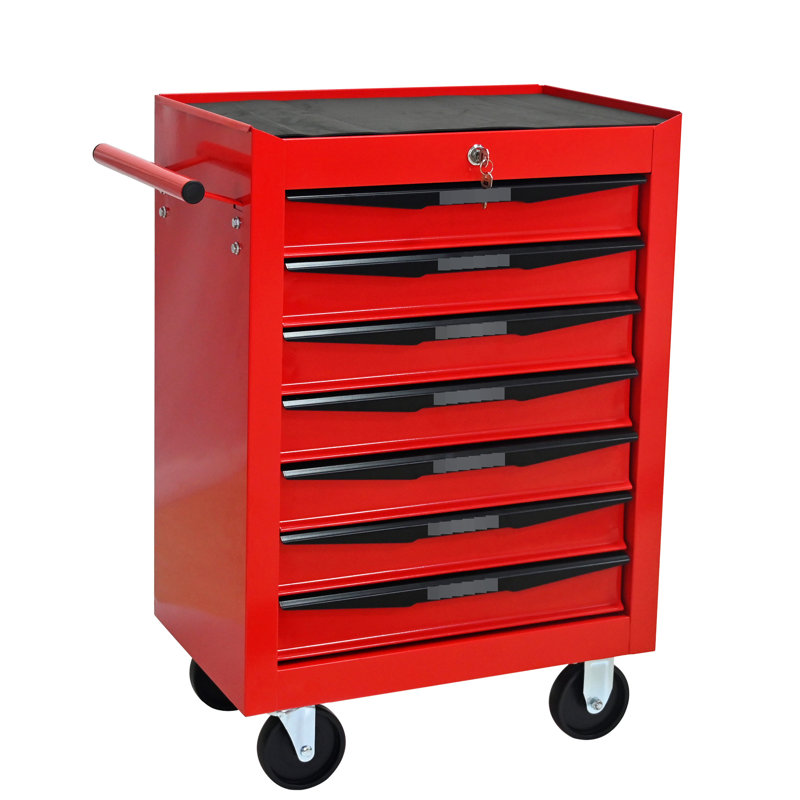 Armoire à outils en métal à 7 tiroirs en rouge et noir, acier laminé à froid, glissières à roulement, capacité de charge de 15 kg, 4 roulettes pivotantes avec chariot verrouillable, charge rouge et noire,