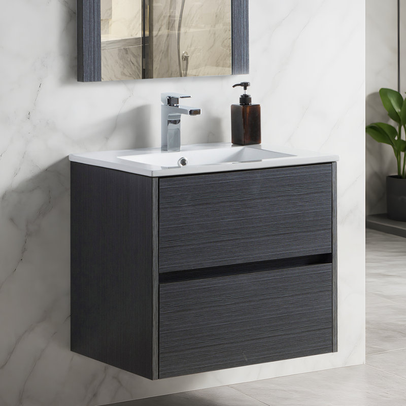 Meuble-lavabo mural simple 24 po avec lavabo en céramique Blossom - armoire flottante tout bois avec 2 tiroirs en U à fermeture en douceur