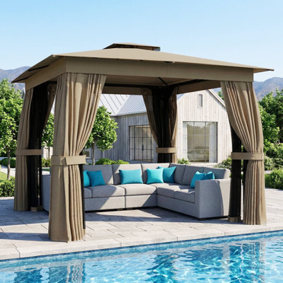 10'x10' Outdoor Patio Gazebo, Soft Top Gazebo Canopy Shelter with Curtains, Netting