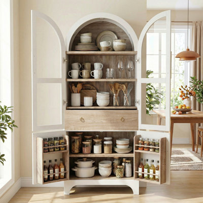 71" Tall Arched Farmhouse Kitchen Pantry Cabinet - Glass Door, Adjustable Shelves & Hidden Drawer