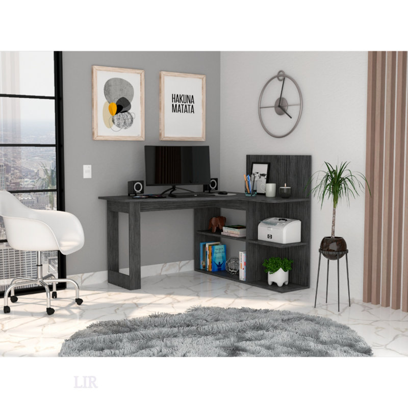 Masai L-Shaped Writing Computer Desk With Five Open Shelves, Stylish Hutch, And Sturdy Construction In Smokey Oak Finish