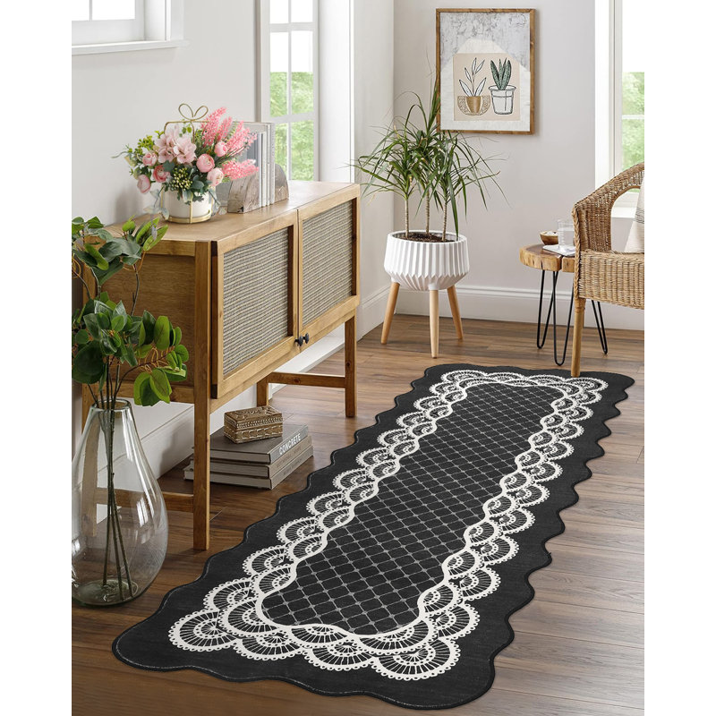 Machine Washable Scalloped Area Rugs Modern Bordered Floor Mats, Non-Slip Contemporary Accent Rug, Non Shedding Soft Low Pile Indoor Carpet for Living Room, Bedroom, Kitchen