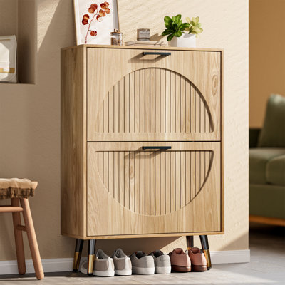 Shoe Cabinet With 2 Flip Drawers And Adjustable Shelves, Narrow Shoe Organizer With Fluted Panel, Freestanding Hidden Shoe Cabinet For Hallway