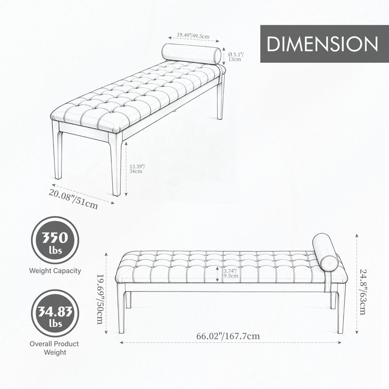 Banc de bout de lit capitonné à boutons avec appui-tête, similicuir et pieds en noyer, Coffee, Café