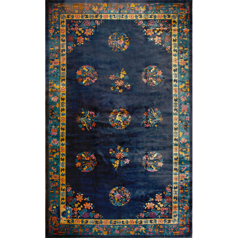 Antique Oversized Art Deco Chinese Floral, Medallion Knotted Rug