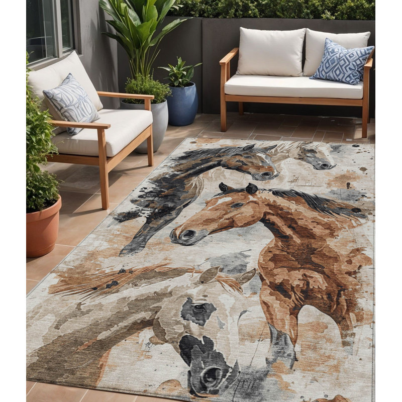Tapis d'intérieur lavable beige anthracite et brun cheval 5 pi x 8 pi