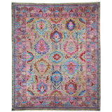 Hand Knotted Wool Area Rug in Green And Purple