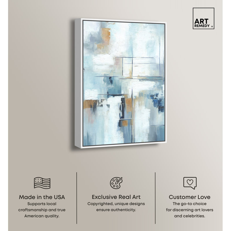 Large Blue and White Abstract Canvas Wall Art with Wooden Frame