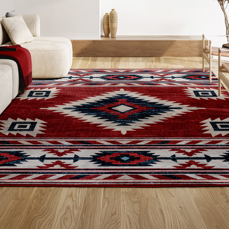 Tapis rouge / bleu marine / crème Herdis Medallion Southwestern, Rectangle 5 pi 3 po x 7 pi 7 po