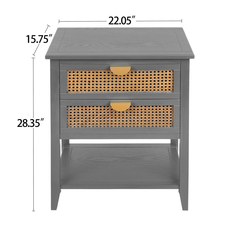  Table de bout à 2 tiroirs, table de chevet en rotin avec rangement pour chambre à coucher, salon, gris, Gris