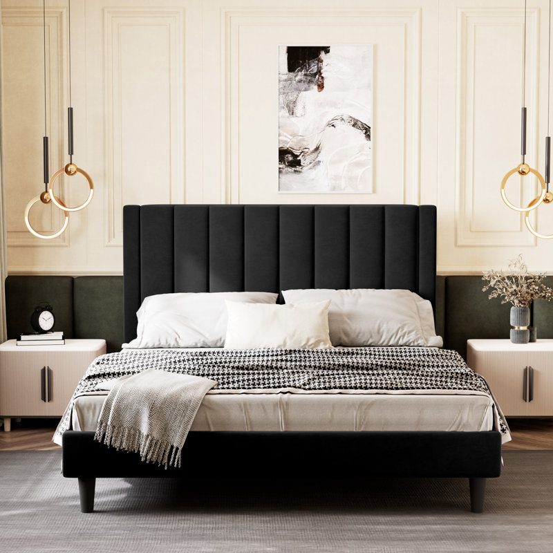 Lit plateforme tapissier Ozella - Aucun sommier requis, assemblage facile, Lit double, Noir