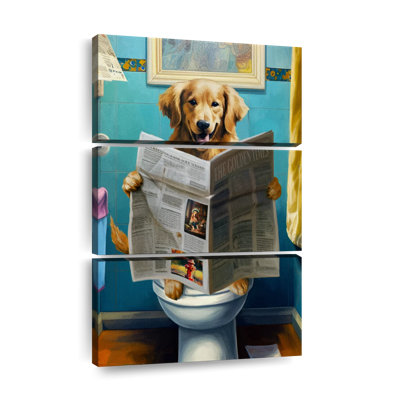 «Funny Animal Golden Retriever On A Toilette», ensemble de 3 reproductions sur toile 3 pièces