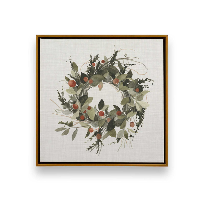 Impression sur toile « Couronne de Noël aux baies II » (40,6 cm x 40,6 cm) dans un cadre blanc, Cadre doré