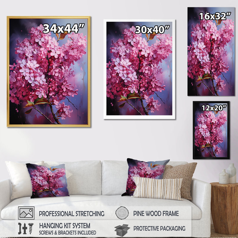 «Neon Pink Lilacs Pop Beauty Unveilé I», reproduction sur toile, Cadre flottant blanc, H 32 po x l 16 po x P 1 po