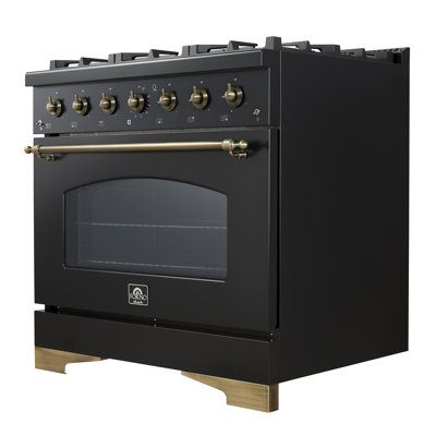 Cuisinière au gaz 36 pouces avec 6 brûleurs scellés Forno Antico de 71 000 BTU, 4,5 pieds cubes Four à convection, conception en laiton antique, écoénergétique