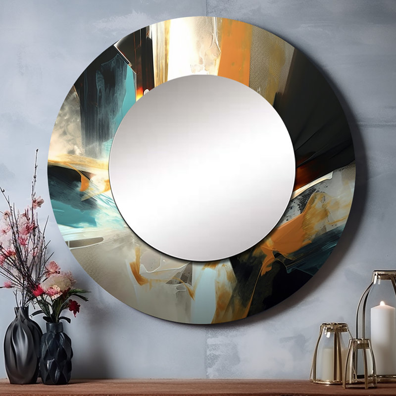 Shatisha Orange And Blue Abstract Mixed Colors III - Minimalism Decorative Mirror, Modern Large Round Wall Mirror, Printed Metal Art