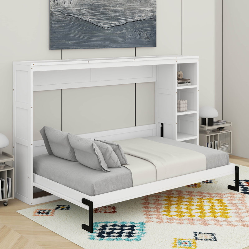 Lit escamotable double avec bibliothèque, Blanc