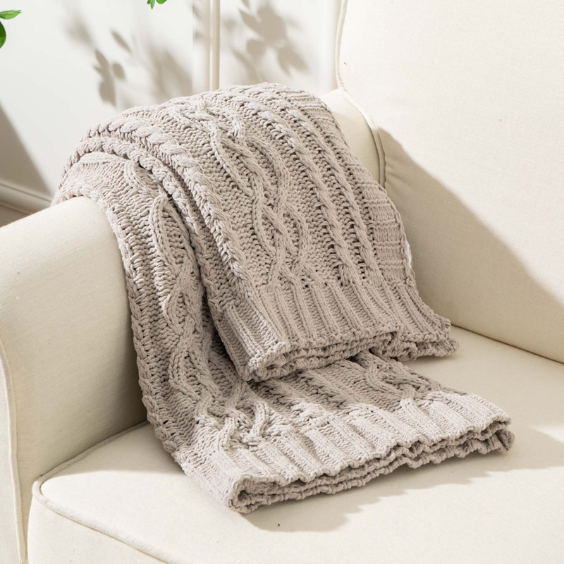 Battilo Light Grey Knitted Chenille Throw Blanket, 51" x 67"