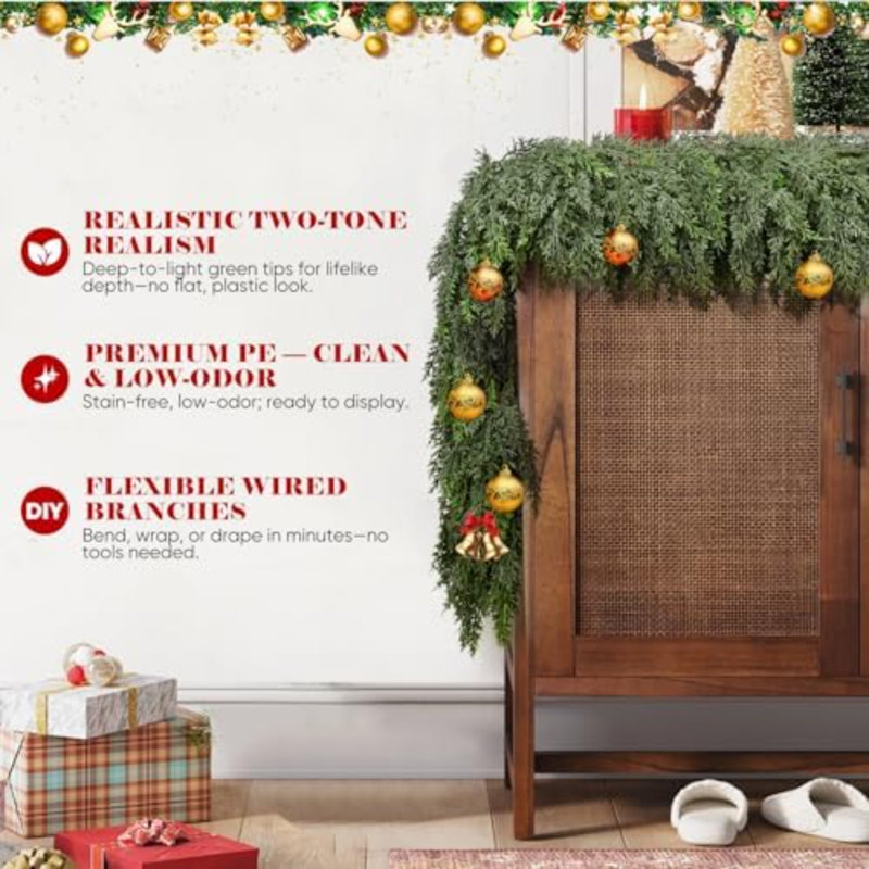 12FT Thick Christmas Garland with 300 Cedar Branches, Real Touch Green Cedar Garland for Christmas Decorations, Artificial Greenery Garland for Table, Mantle, Wall, Indoor, Outdoor Holiday Décor