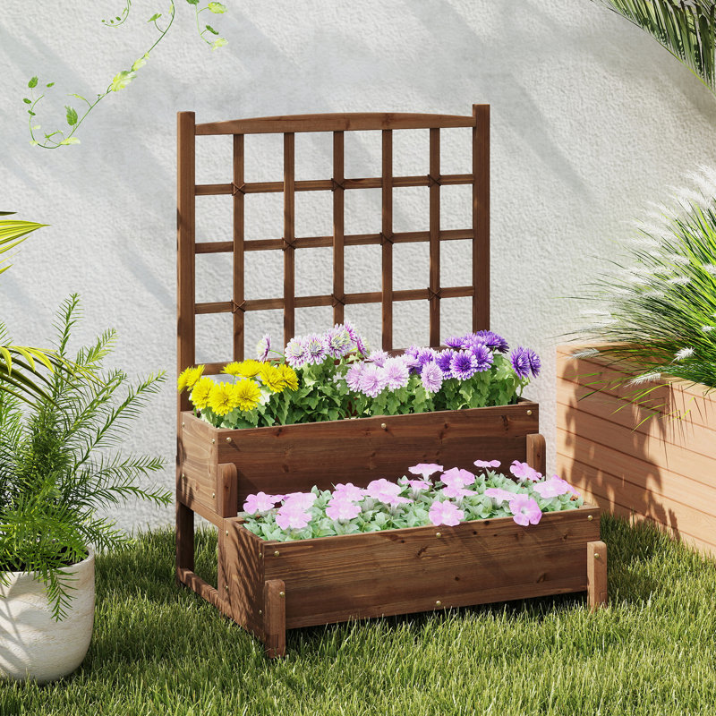 Raised Garden Bed w/ Lattice Trellis Drainage Holes Wooden Elevated Planter Box Stand, 1 Piece