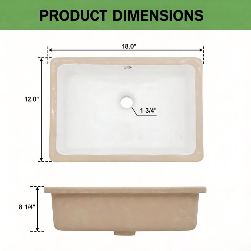 Lavabo de salle de bain rectangulaire en céramique blanche à encastrer par le dessous, 45,7 x 30,5 x 21 cm (18 x 12 x 8,25 po), avec trop-plein