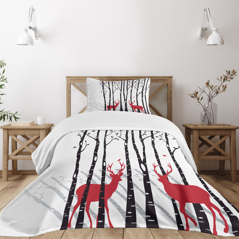 Twin White Quilted Bedspread Set with Red Deer Design
