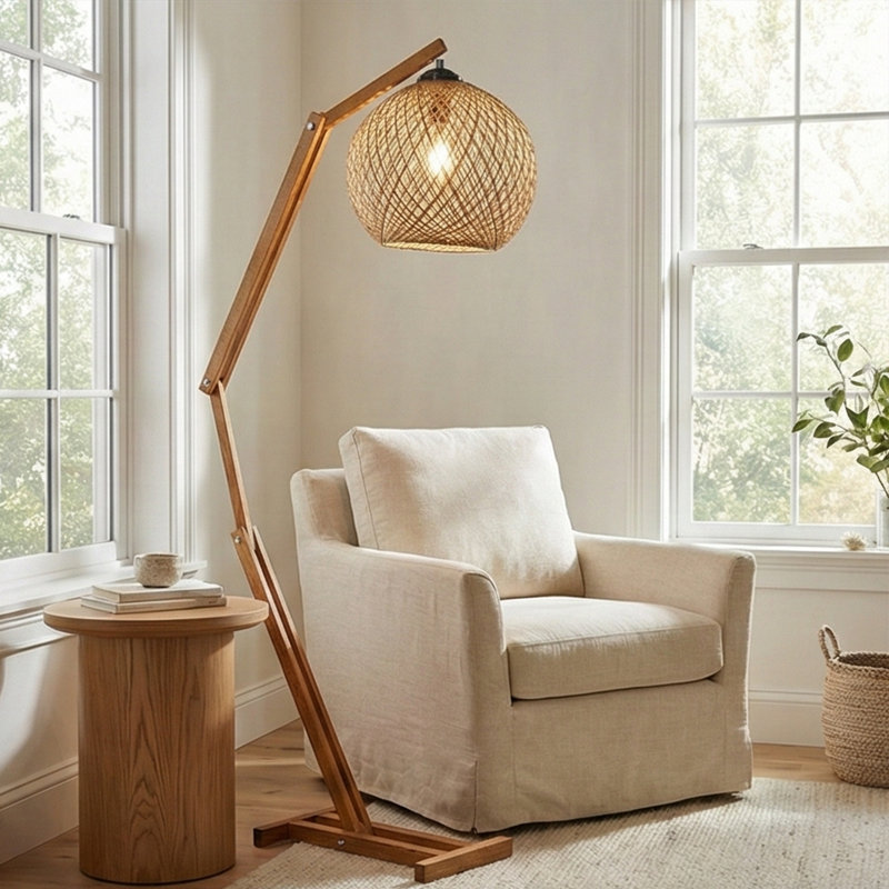 Oslo Adjustable Solid Wood Floor Lamp With Handmade Jute, Ecru