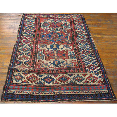 Small Bold Tribal Geometric Rustic Red Color Antique Caucasian Kazak Rug