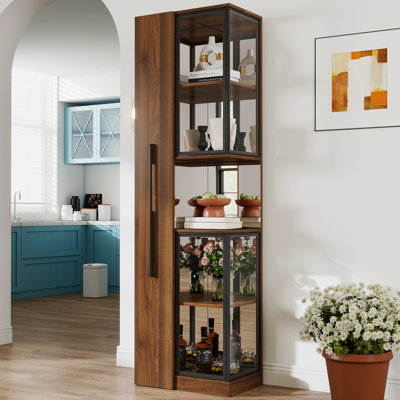 70" Wooden Display Cabinet With Glass Doors & Led Lights - Multi-tier Pull-out Storage Shelf - Elegant Home Organization