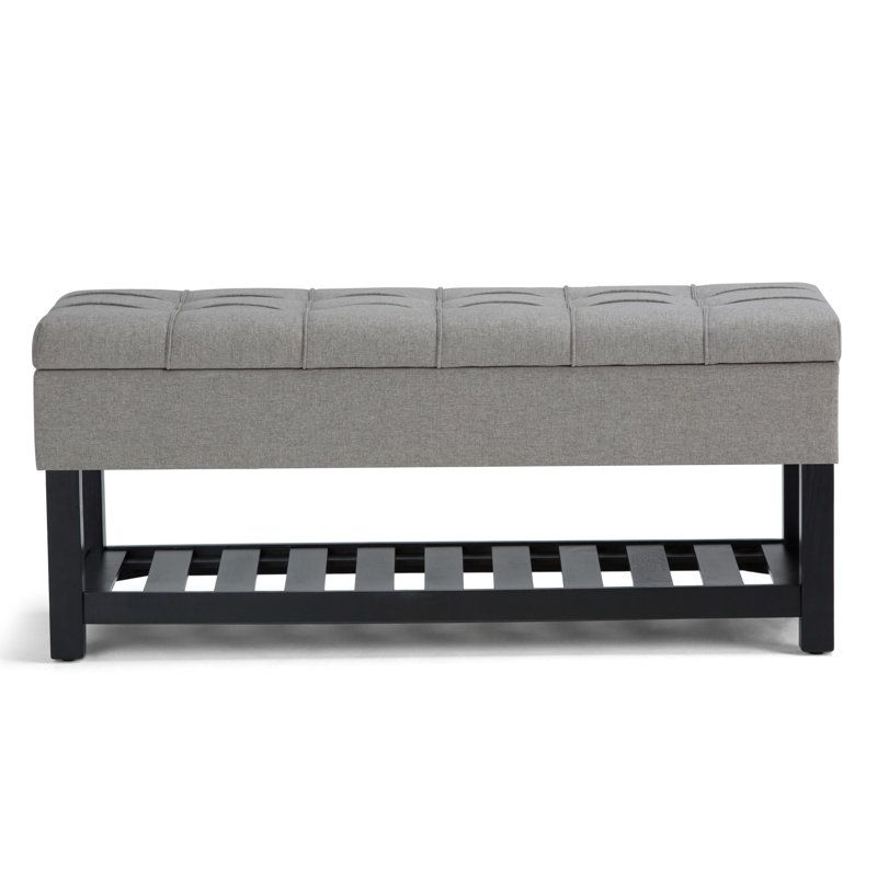 Banc de rangement avec repose-pieds capitonné et tablette ouverte Saxon, Gris colombe, Tissu d'aspect lin